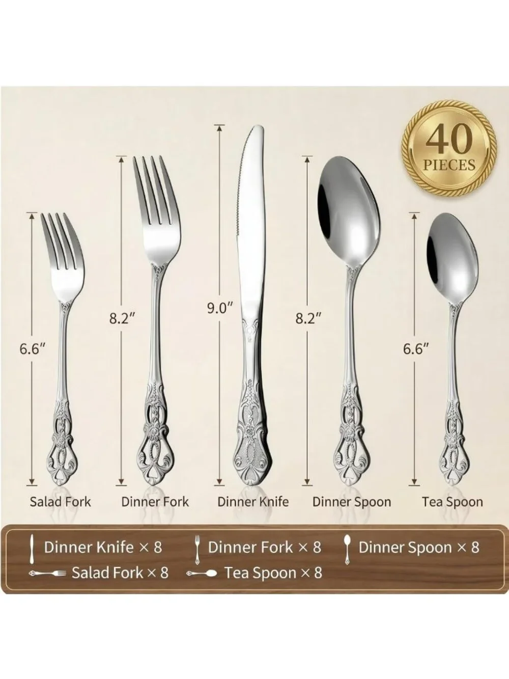 40-Piece Vintage Silverware Set for 8 | Stainless Steel Flatware, Dishwasher